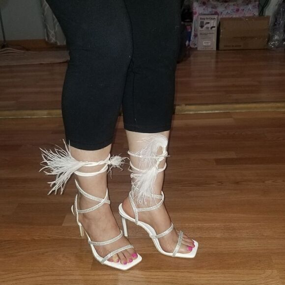 Rhinestone Embellished Open Square Toe Strappy Lace Up Heels - White new - Picture 11 of 12